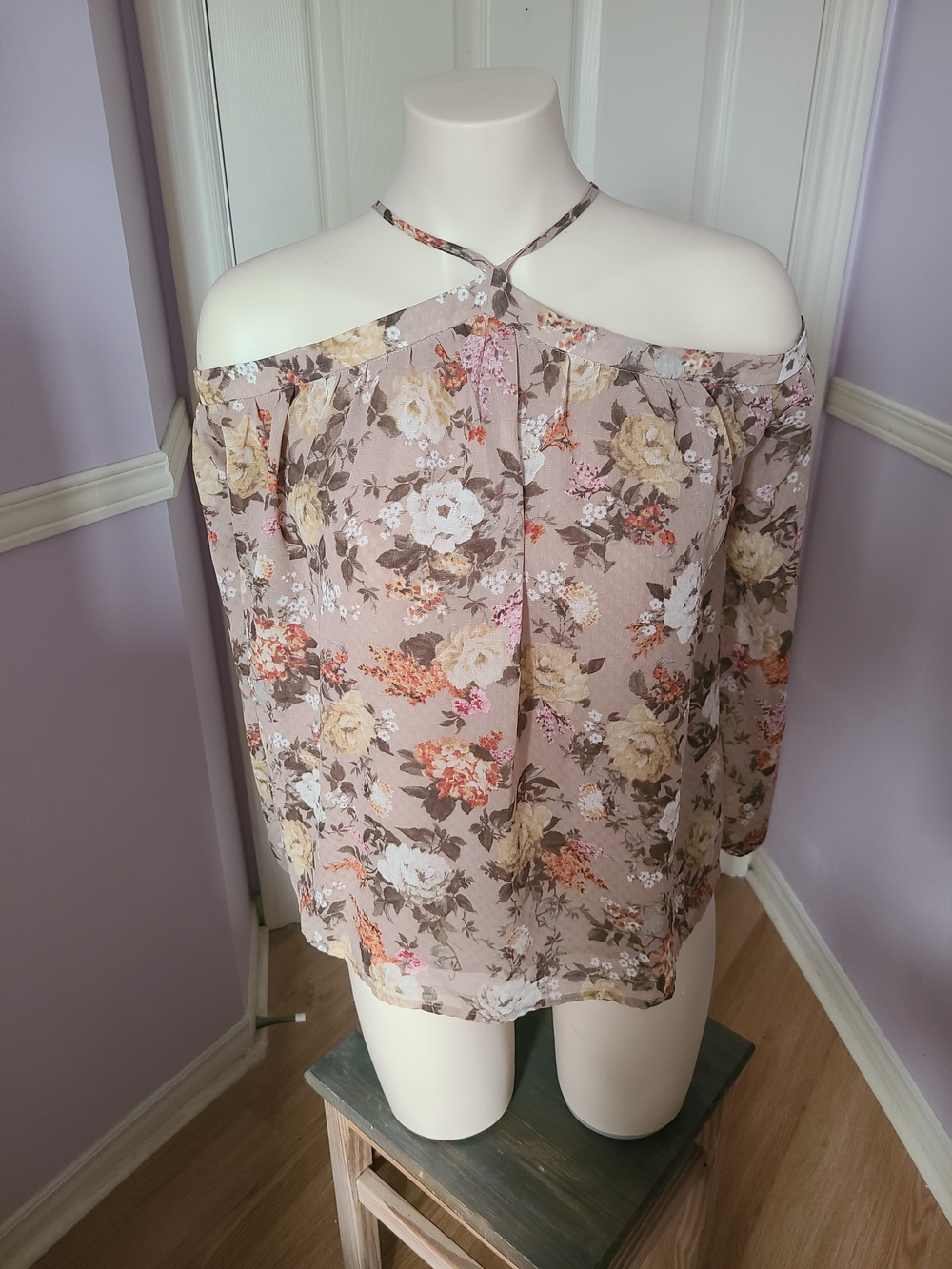 Dynamite Taupe Floral Off-Shoulder Halter Neck Blouse